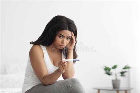 Unplanned Pregnancy Negative Result Infertility Sad African American Woman Holding Test And