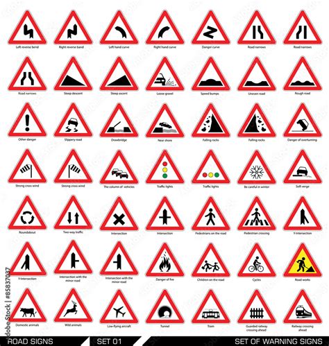 Set Of Warning Road Signs Collection Of Triangular Warning Traffic