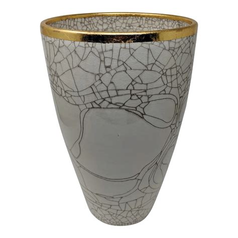 Italian Crackled White Ceramic Vase With Gold Rim White Ceramic Vases