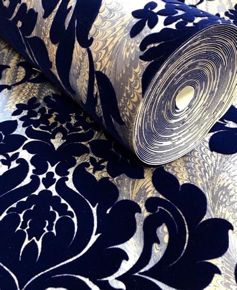 Blue And Gold Flocked Wallpaper For Elegant Home Decor