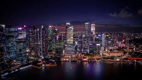 Download Wallpaper 1920x1080 Night City Coast Aerial