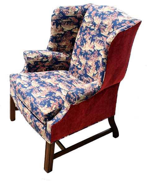 Two Tone Wingback Chair With Forest Temple Pattern And Red Suede Sides