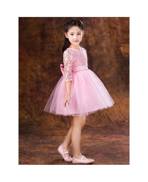 Short Pink Lace Sleeved Tutu Tulle Flower Girl Dress With Bow Efa21