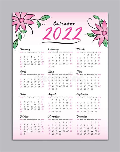 Plantilla De Calendario Anual Para 2022 Conjunto De 12 Páginas Y