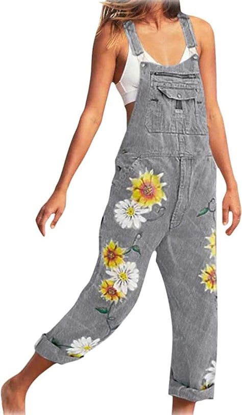 Htter Womens Casual Loose Dungarees Denim Vintage Printed Baggy
