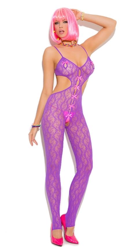 Floral Lace Bodystocking With Bow Details Neon Purple Body Stocking With Bows Satin Bow