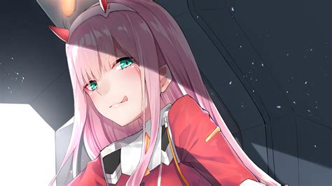 Darling In The Franxx Green Eyes And Pink Hair Zero Two With Red Dress