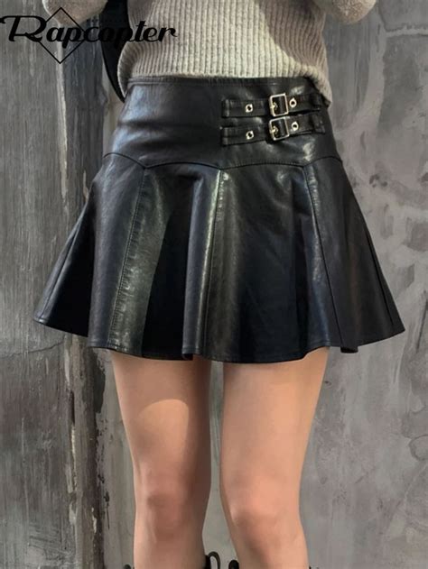 Rapcopter Y2k Bandage Leather Pleated Skirts Punk Grunge Goth Black
