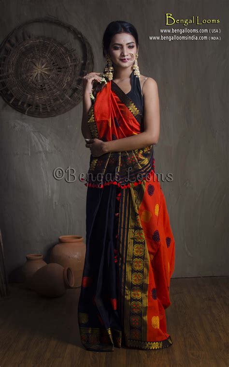 Assamese Mekhela Chador In Orange And Black Chador Elegant Saree