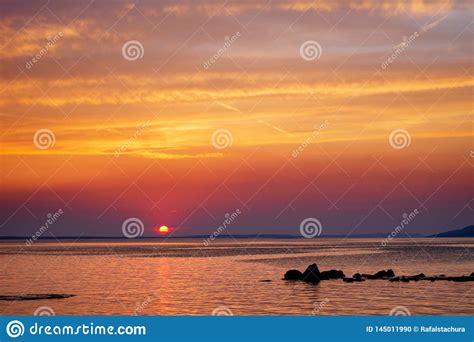 Beautiful Sunset Over Adriatic Sea Near Starigrad In Croatia Stock