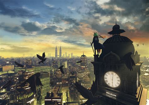 Download 2000x1414 Anime Landscape Cityscape Girl Clouds Sky