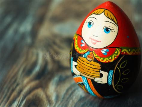 Close Up Of Russian Traditional Doll Wooden Russian Art Stock Photo