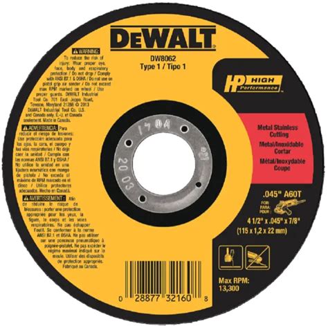 Dewalt Dw8062 High Performance Metal And Stainless Cutting Wheels Type 1