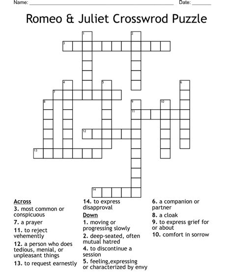 Romeo And Juliet Crosswrod Puzzle Crossword Wordmint
