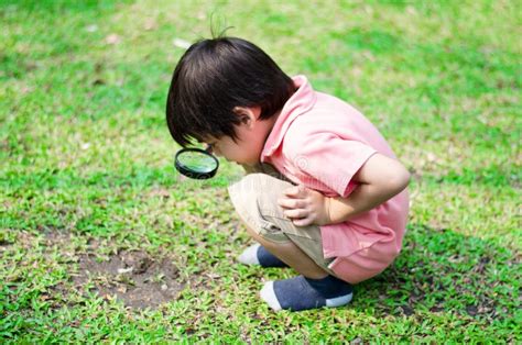 Little Boy Exploring With Magnifying Glass Stock Photo Image Of Light