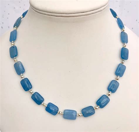 Pale Blue Agate Necklace Blue Beaded Necklace Semi Precious Natural