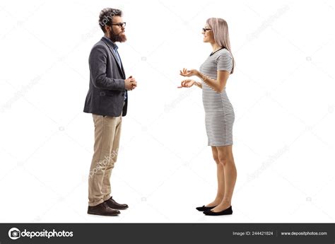 Full Length Profile Shot Man Woman Standing Talking Isolated White Stock Photo By