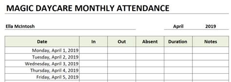 Daycare Attendance Sheet