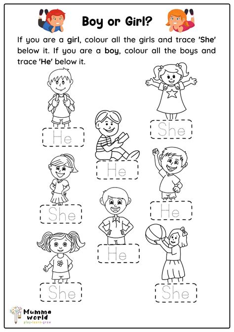 He Or She Worksheet Gender Worksheets For The Kids Pronoun