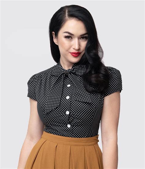 1950s Rockabilly And Pin Up Tops Blouses Shirts Retro Black White Pin Dot Cap Sleeve Estelle