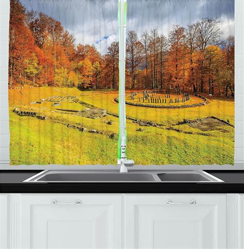 Ambesonne Autumn Kitchen Curtains Fall Garden Landscape In A Romanian