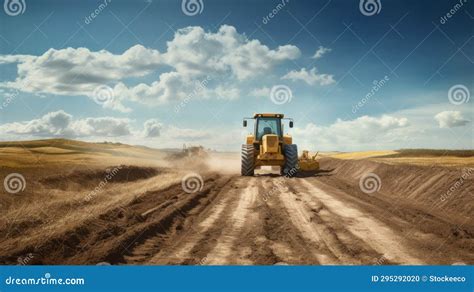 Bold And Precise Tractor On Dirt Road With Sunny Sky Stock