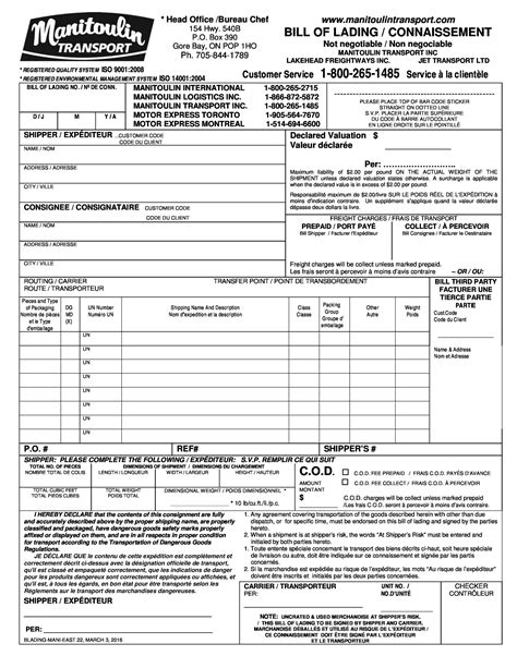 Bill Of Lading Editable Form Tax Form