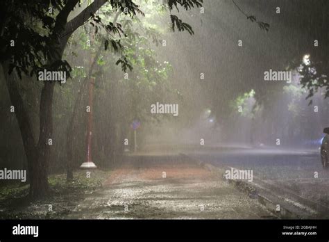 Heavy Night Rain In A Park With Rays Of Street Lamps And Car
