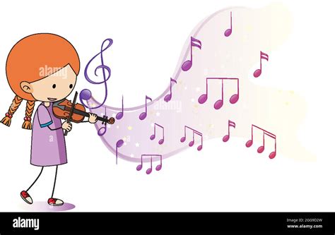 Cartoon Doodle A Girl Playing Violin With Melody Symbols On White