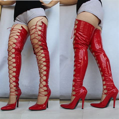 Red Patent Leather Tigh High Boots Women Lace Up Front Shoes Woman Over