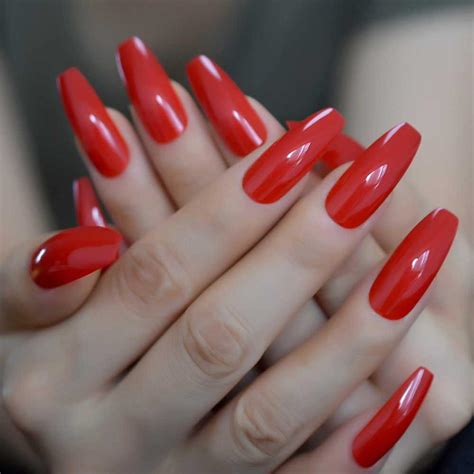 red coffin nails extra long press on nails false shine red ballerina fake nails classic wedding