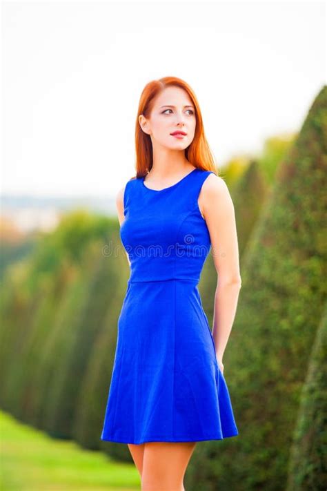Beautiful Redhead Girl In Blue Dress In Versailles Park Stock Image Image Of European Hand