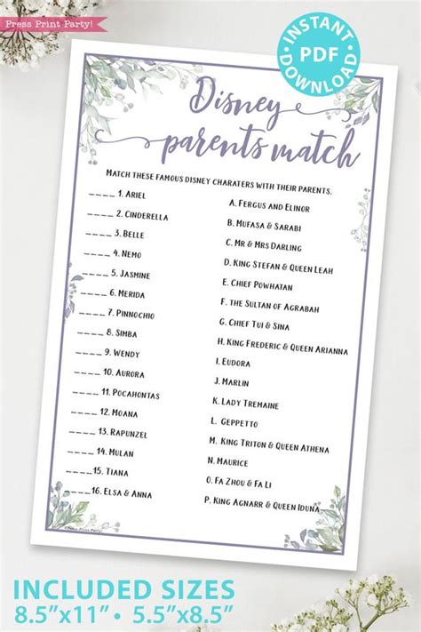 See more ideas about baby shower, baby boy shower, shower. Disney Parents Match Baby Shower Game, Purple- Press Print Party!