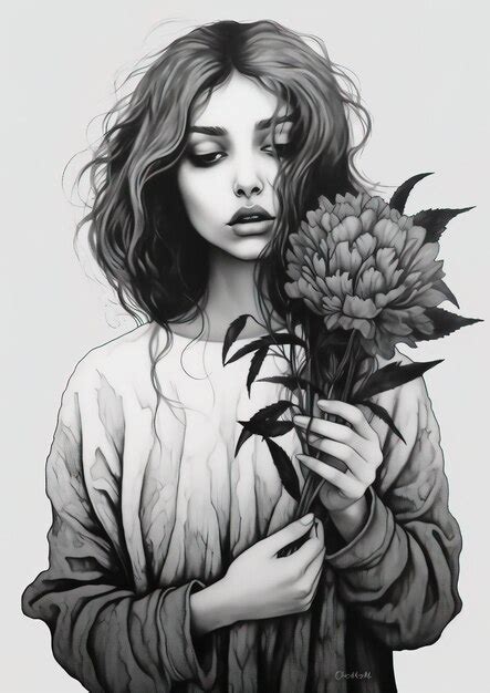 Premium Ai Image A Drawing Of A Woman Holding A Flower In Her Hand