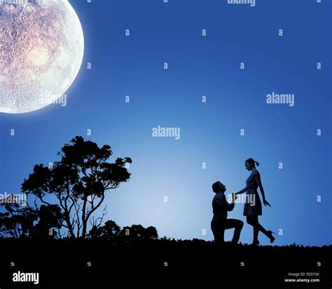 Silhouettes Of Romantic Couple Under The Moon Light Stock Photo Alamy