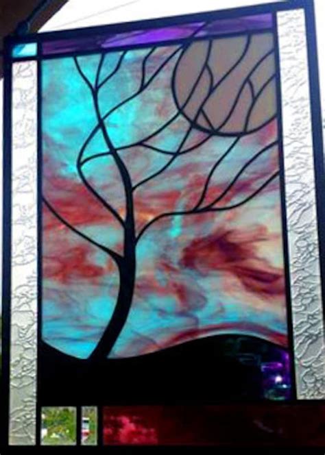 Stained Glass Window Panel Moonlit Tree Stormy Night