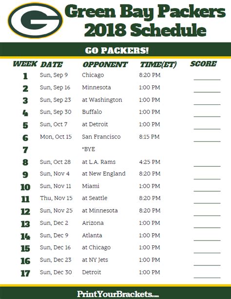 Green Bay Packers Schedule 2021 Printable