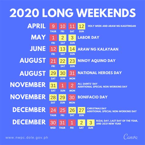 President rodrigo duterte has amended the list of holidays for 2021, declaring three special working days as part of efforts to minimize work disruption and boost. Here is the Official List of Philippine Holidays and Long ...