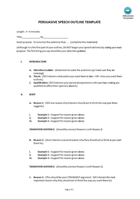 Persuasive Speech Outline Template Templates At