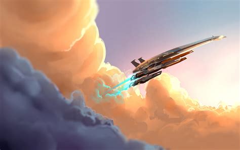 Mass Effect Spaceship Clouds Digital Art Normandy Sr 2