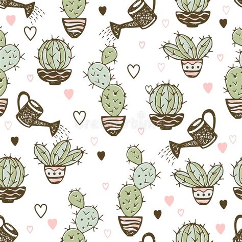 Seamless Pattern With Cactus In Pots And Watering Pot For Irrigation