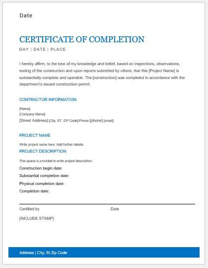 Certificate Of Completion Template Construction 6 Templates Example