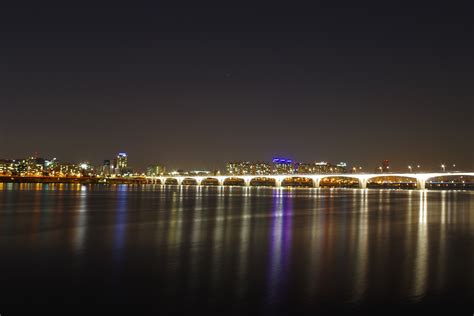 무료 이미지 수평선 빛 다리 지평선 새벽 시티 마천루 도시 풍경 파노라마 황혼 저녁 반사 야경 한강