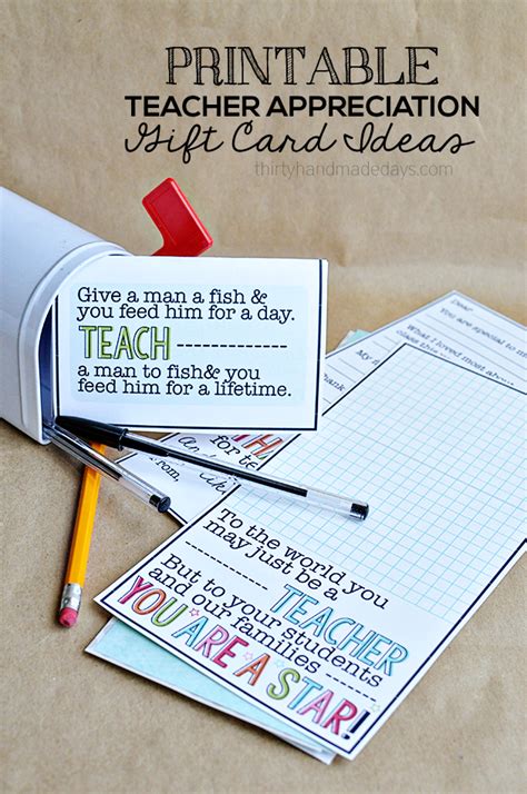 Take a flower sticker and paste it on the card with the help of glue. Printable Teacher Appreciation Gift Card Ideas - Thirty ...