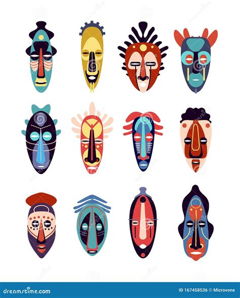 African Ceremonial Masks Cartoon Ancient Ritual Tribal Symbols Traditional Africa Zulu