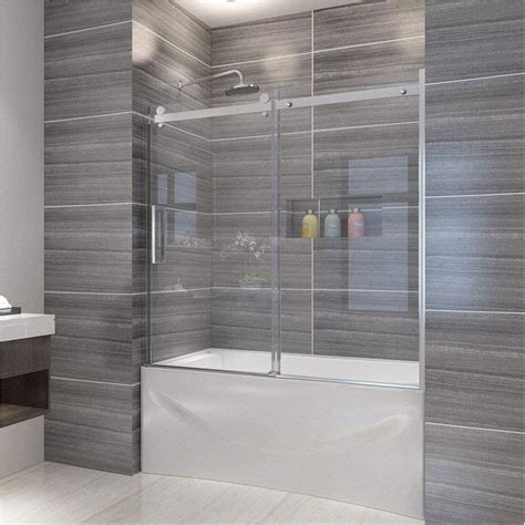 Your choice for frameless shower glass doors, custom mirrors, tempered glass shelves, frameless glass sliding shower door bathtub doors and enclosures means assemblies of panels and/or doors that are installed on the lip of your bathtub they could be swing door or sliding glass. ELEGANT 60 W x 62 H Frameless Bath Tub Door, 5 16 Clear ...