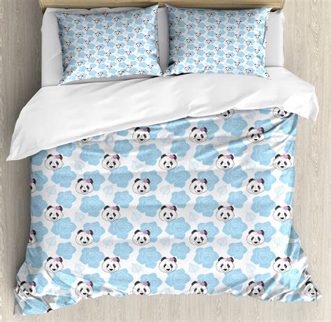 Animals Duvet Cover Set Head Of Panda Bear With Pale Purple Rose And