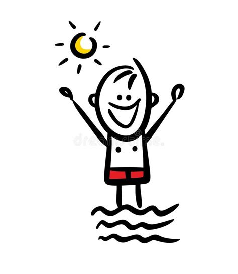 Happy Stickman Character On The Beach In The Water Under The Sun Stock Vector Illustration Of