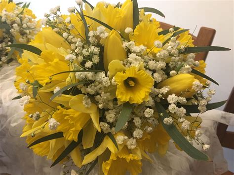Scented Spring Daffodil Wedding Bouquet With Gypsophila And Eucalyptus
