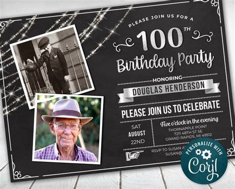 100th Birthday Photo Invitation One Hundred Invite Party Photo Etsy